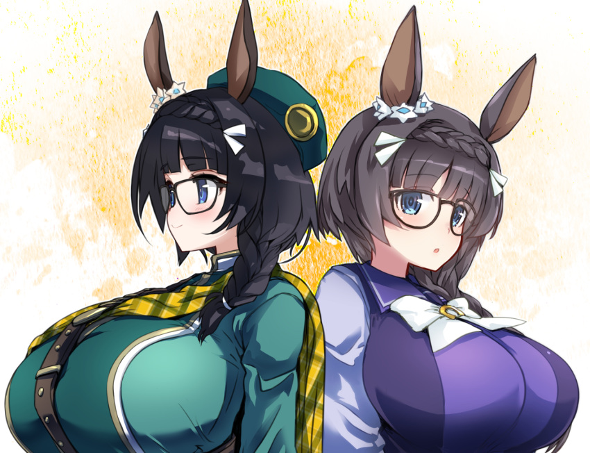 2girls animal_ears beret black_hair blue_eyes braid breasts brown_hair character_request closed_mouth glasses hat highres hirowa_nagi horse_ears huge_breasts medium_hair multiple_girls open_mouth purple_serafuku ribbon school_uniform serafuku simple_background smile umamusume upper_body white_ribbon zenno_rob_roy_(umamusume)