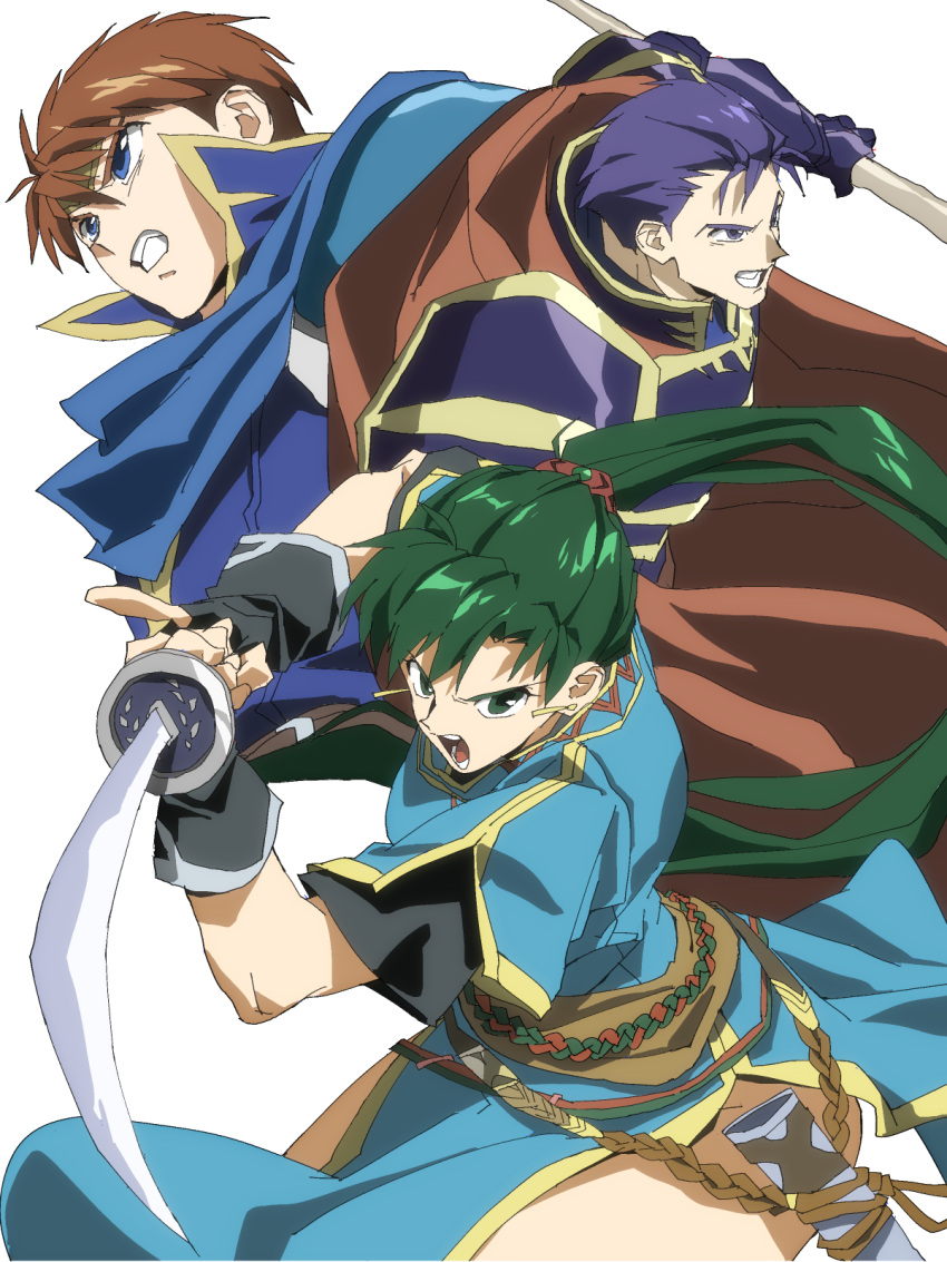 1990s_(style) 1girl 2boys armor blue_armor blue_cape blue_dress blue_hair cape dress eliwood_(fire_emblem) fire_emblem fire_emblem:_the_blazing_blade grey_hair hands_up hector_(fire_emblem) high_ponytail highres holding holding_sword holding_weapon long_hair lyn_(fire_emblem) multiple_boys red_cape red_hair retro_artstyle scabbard sheath shino_(2919) short_hair side_slit simple_background sword weapon white_background