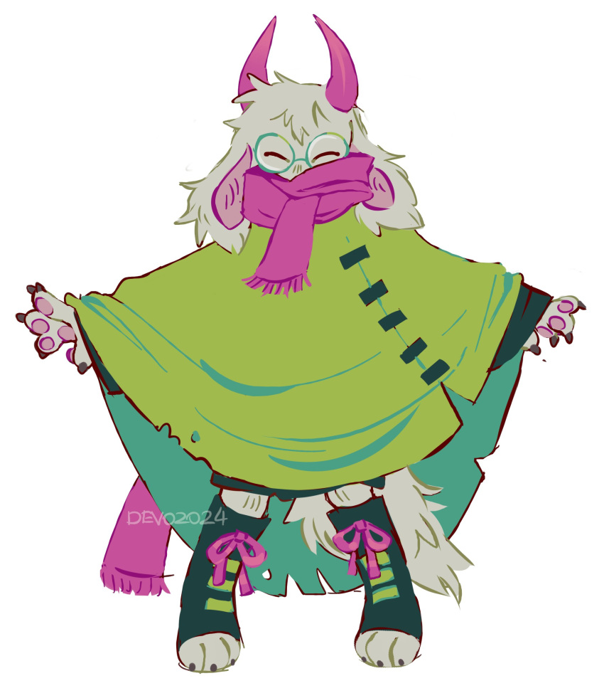 2024 4_fingers absurd_res anthro bovid caprine clothing deltarune devogamer eyes_closed eyewear fingers floppy_ears full-length_portrait glasses goat green_clothing hi_res horn male mammal poncho portrait ralsei scarf simple_background solo spread_arms undertale_(series) white_background