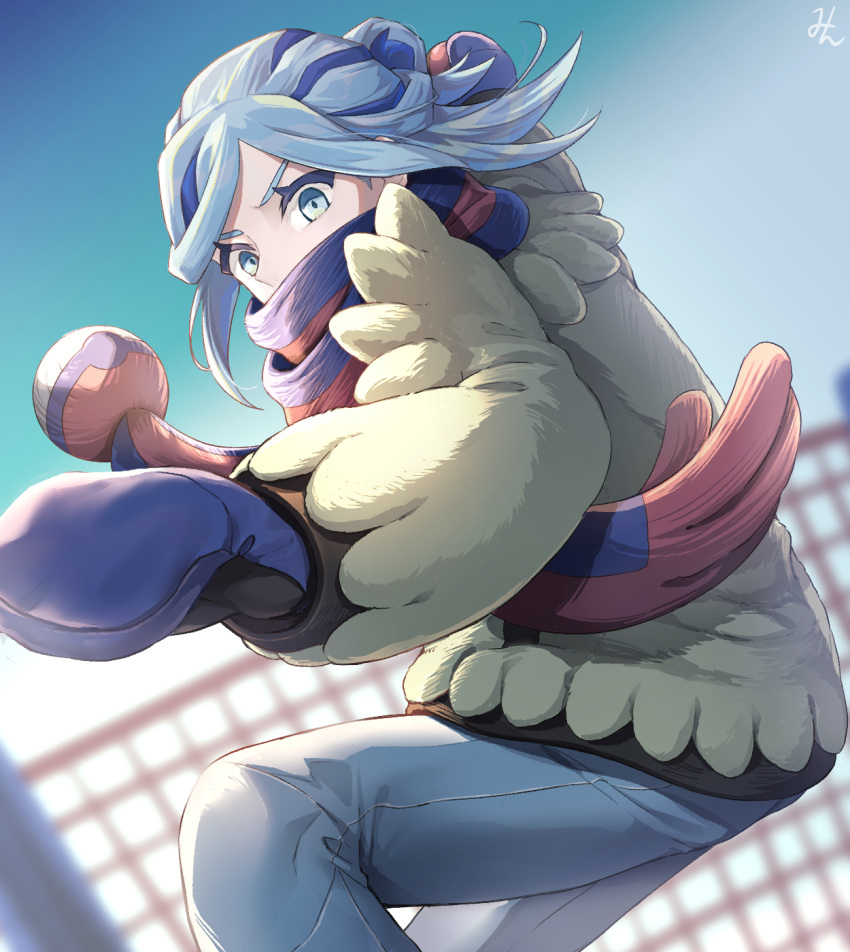 1boy aqua_eyes blue_hair blue_mittens blue_scarf blurry blurry_background commentary_request day eyelashes fence floating_scarf grusha_(pokemon) hair_bun highres jacket long_sleeves male_focus min_(myna8247) mittens outdoors pants pokemon pokemon_sv scarf signature solo striped_clothes striped_scarf yellow_jacket