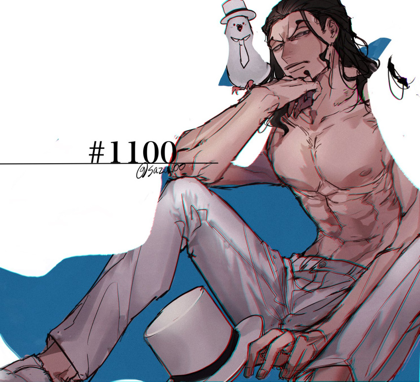 1boy abs animal animal_on_shoulder bird black_hair chromatic_aberration commentary facial_hair goatee hair_slicked_back half-closed_eyes hand_on_own_chin hand_up hat hattori_(one_piece) highres holding holding_clothes holding_hat long_hair looking_at_viewer male_focus muscular muscular_male nipples no_shirt one_piece open_clothes pants pectorals rob_lucci sazu_00 sitting sketch spread_legs stomach symbol-only_commentary twitter_username unworn_hat unworn_headwear white_pants