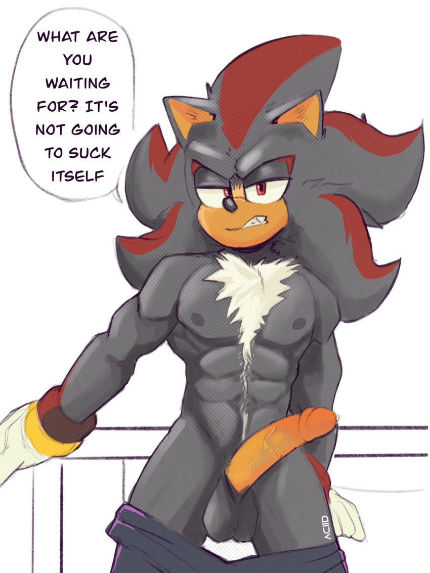 abs aciidtron anthro balls black_body black_fur bottomwear bottomwear_down chest_tuft clothed clothing dialogue english_text erection eulipotyphlan fur genitals gloves half-closed_eyes handwear hedgehog hi_res looking_at_viewer male mammal muscular muscular_male narrowed_eyes navel nipples pants pants_down partially_clothed penis red_body red_eyes red_fur sega shadow_the_hedgehog shirtless signature snarling solo sonic_the_hedgehog_(series) speech_bubble standing striped_body striped_fur stripes talking_to_viewer tan_body tan_fur text topless topless_male tuft vein veiny_penis white_body white_fur