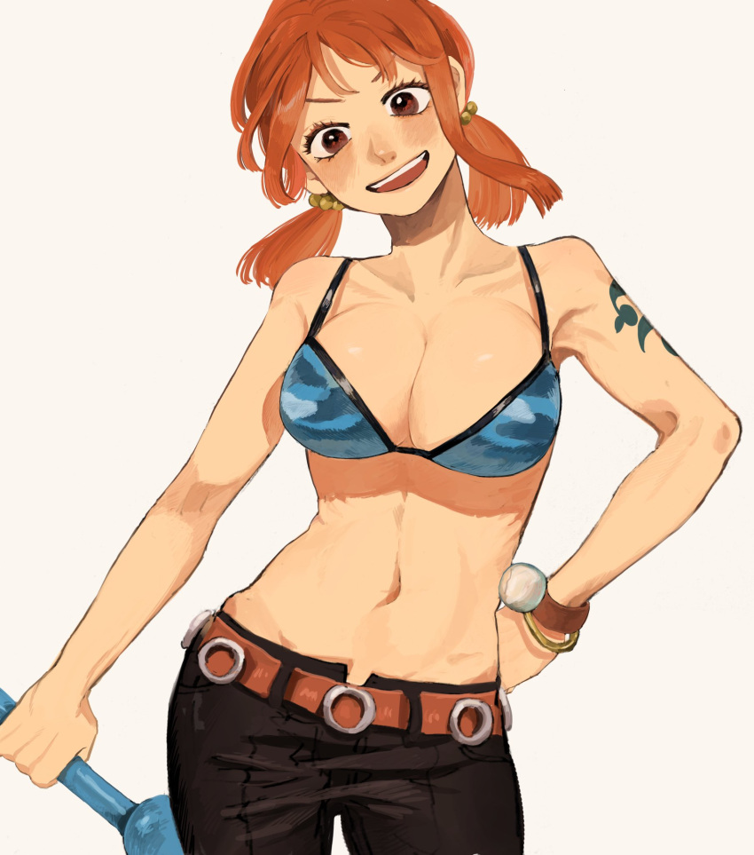 1girl arm_tattoo belt bikini bikini_top_only blue_bikini bracelet commentary cowboy_shot highres holding holding_weapon jewelry konekomarururu log_pose nami_(one_piece) navel one_piece open_mouth orange_belt orange_hair pants sidelocks simple_background smile solo swimsuit symbol-only_commentary tattoo teeth twintails upper_teeth_only weapon white_background