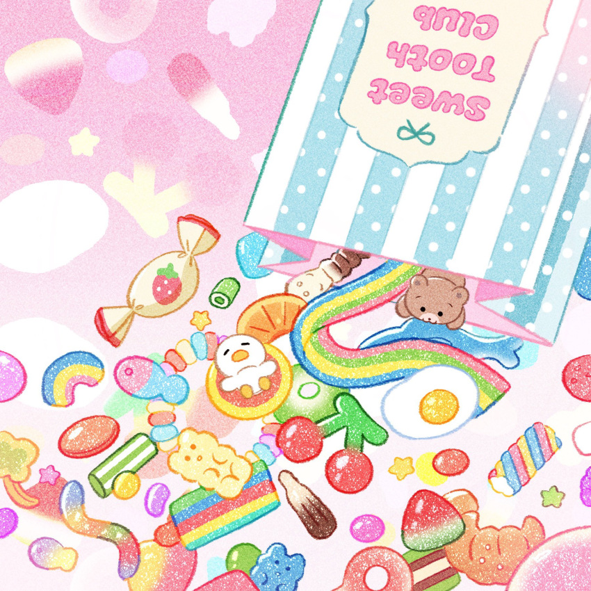 bag bear bird candy candy_wrapper cherry commentary egg english_commentary food food_focus fruit gummy_bear gummy_worm highres jelly_bean no_humans original pink_background rainbow star_(symbol) strawberry summernight_12 watermelon wrapped_candy