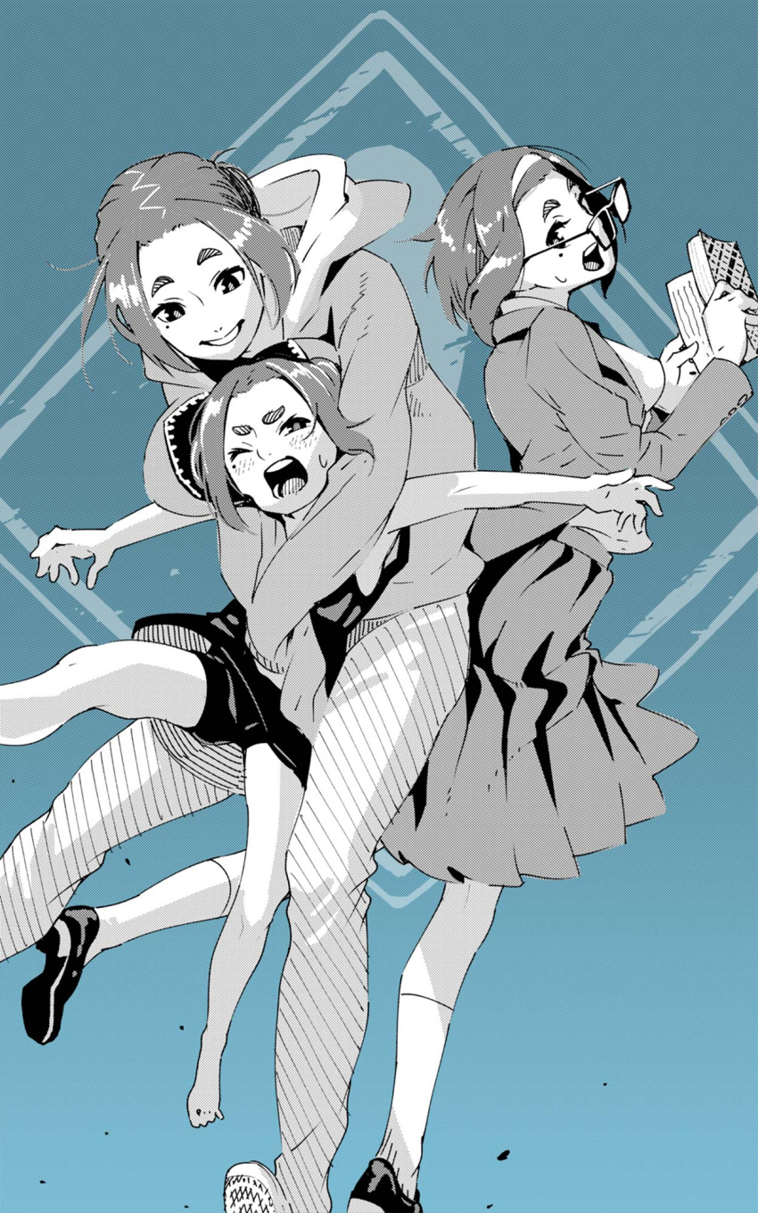 1girl ;o age_regression aged_down barefoot glasses highres hood hood_down hoodie kaii_to_otome_to_kamigakushi monochrome ogawa_sumireko one_eye_closed reading shiomiya_iruka skirt smile socks thick_eyebrows