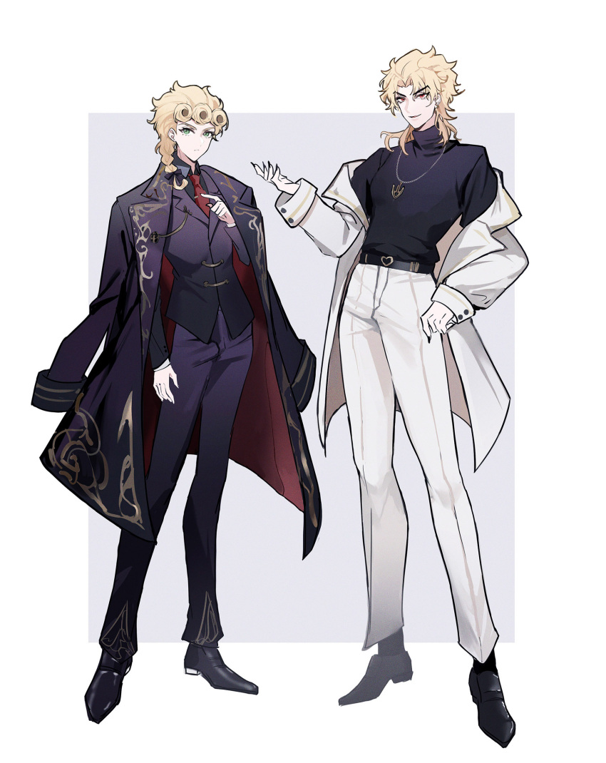 2boys black_coat black_nails black_pants blonde_hair chuchumimipupu coat coat_on_shoulders commentary_request dio_brando earrings expressionless father_and_son fingernails giorno_giovanna green_eyes highres jewelry jojo_no_kimyou_na_bouken male_focus multiple_boys necklace pants red_eyes sharp_fingernails smile stardust_crusaders turtleneck v-shaped_eyebrows vento_aureo white_coat