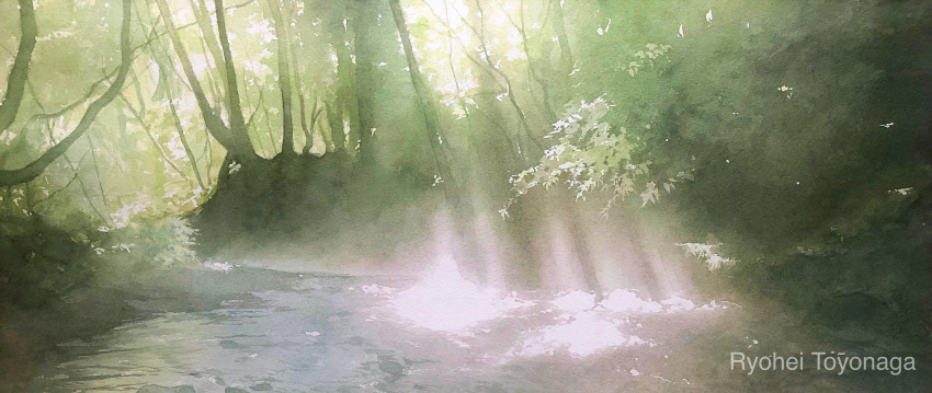 absurdres dappled_sunlight day forest highres nature no_humans original reflection reflective_water river riverbank scenery sunlight toyonaga_ryouhei tree water