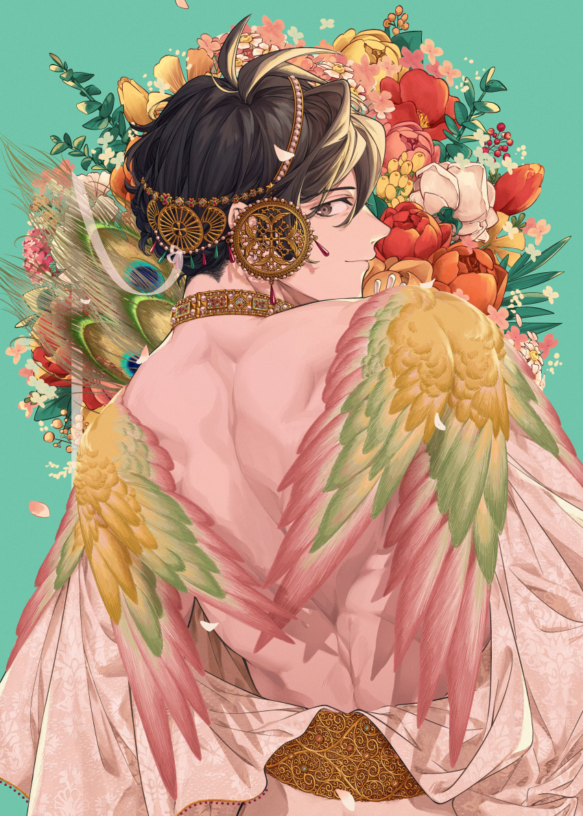 absurdres alternate_costume backless_outfit black_hair brown_eyes closed_mouth constantine_xi_(fate) facing_away fate/grand_order fate_(series) feathered_wings flower head_wreath highres jewelry looking_at_viewer peacock_feathers shooou_0104 short_hair smile tunic wings wreath