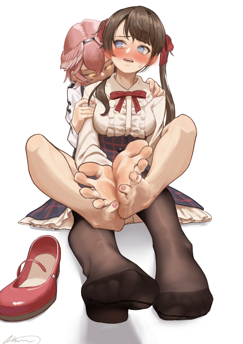2girls @_@ absurdres aiharararara barefoot behind_another black_pantyhose blue_eyes blush bow breasts brown_hair dorsiflexion feet foot_focus foot_pussy foreshortening frilled_skirt frills hair_bow highres holding_another's_arm hololive large_breasts legs long_hair looking_at_another multiple_girls nail_polish no_shoes oozora_subaru open_mouth pantyhose pink_nails purple_hair red_bow red_footwear shoes short_hair simple_background sitting skirt soles spread_toes sweatdrop sweater takane_lui teeth toenail_polish toenails toes twintails unworn_shoes upper_teeth_only virtual_youtuber white_background wings yellow_eyes