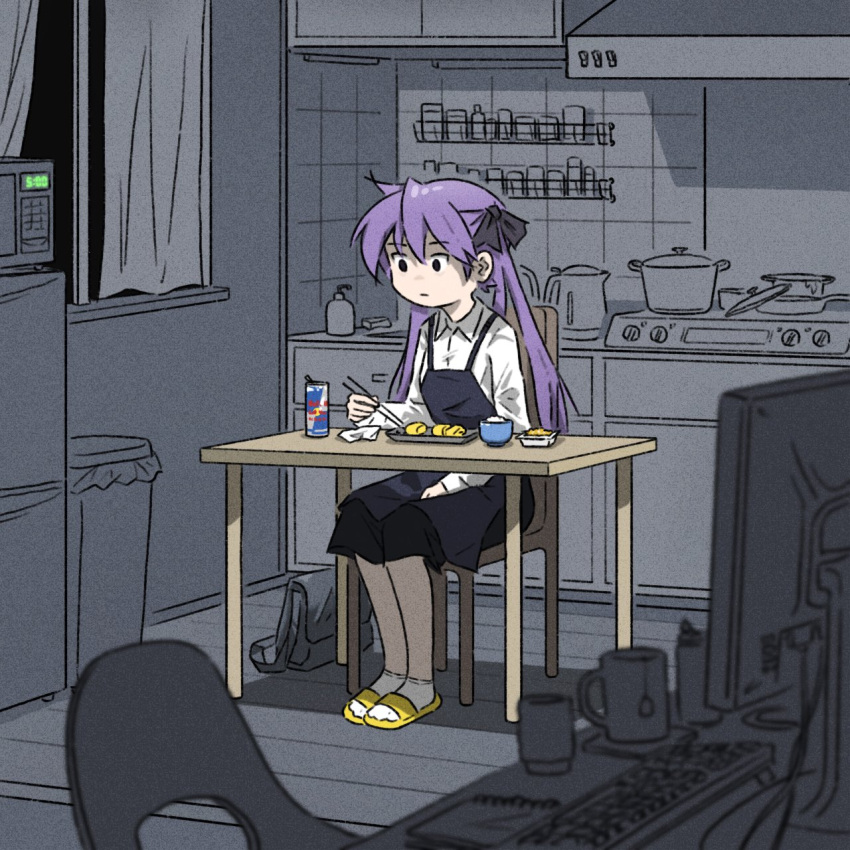 1girl black_dress black_eyes chopsticks collared_shirt desk dress eating expressionless grey_background highres hiiragi_kagami holding holding_chopsticks indoors keyboard_(computer) kitchen lucky_star microwave monitor overall_dress purple_hair red_bull shirt siu_mei slippers socks solo truffleduster tsurime twintails white_socks