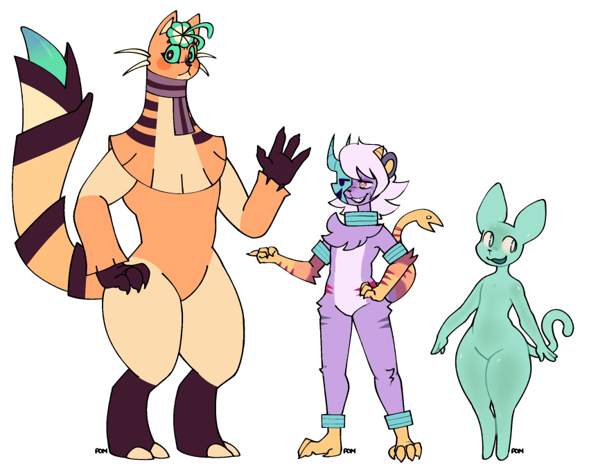 2023 2_toes 4_fingers 4_toes ambiguous_gender anthro arm_tuft biped blush chest_tuft claude_(floraverse) claws elbow_tuft feet felid female finger_claws fingers floraverse flower_on_head flowercat fur goo_creature green_sclera grey_stripes group hair hi_res hybrid iranian_mythology male mammal manticore mellie_(floraverse) middle_eastern_mythology model_sheet mythology nonbinary_(lore) open_mouth orange_body orange_eyes pantherine pomegraniter prick_ears purple_body purple_fur red_stripes round_ears scarf signature standing striped_body striped_fur stripes tail tail_mouth teal_body thick_thighs toe_claws toes toyle_(floraverse) trio tuft turf_tiger unusual_anatomy unusual_tail whiskers white_hair wide_hips yellow_body