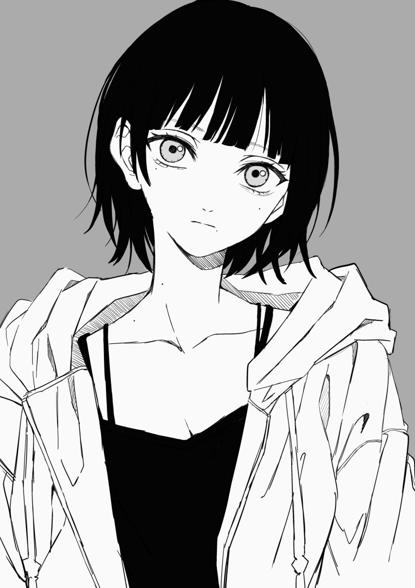 1girl :| blunt_bangs bob_cut breasts cleavage closed_mouth collarbone commentary_request drawstring expressionless grey_background haku_geroda head_tilt highres hood hood_down hoodie looking_at_viewer medium_breasts mole mole_on_cheek mole_on_neck mole_on_shoulder mole_under_eye mole_under_mouth monochrome open_clothes open_hoodie original short_hair sidelocks simple_background solo spaghetti_strap thick_eyelashes upper_body