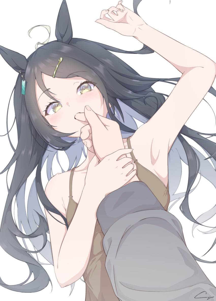 1boy 1girl ahoge armpits black_hair brown_camisole camisole ci4 collarbone commentary_request finger_to_another's_mouth fingernails hair_ornament hairclip highres horse_girl long_hair looking_at_viewer lying manhattan_cafe_(umamusume) multicolored_hair on_back simple_background solo_focus streaked_hair umamusume white_background white_hair yellow_eyes