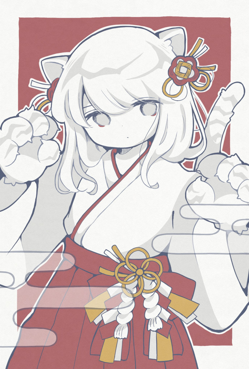 1girl animal_ears animal_hands awayawa_pic border chinese_zodiac closed_mouth commentary cowboy_shot dot_mouth dot_nose egasumi flower_knot grey_eyes hair_ornament hakama hakama_skirt hands_up highres japanese_clothes long_hair long_sleeves looking_at_viewer no_sclera original outline outside_border pale_skin red_background red_hakama red_skirt shide skirt solo tail textless_version white_border white_hair white_outline year_of_the_tiger