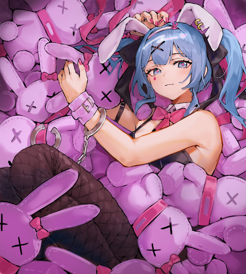 1girl absurdres animal_ears armpits bare_shoulders black_bow black_leotard black_ribbon black_thighhighs blue_eyes blue_hair bow bowtie breasts closed_mouth collar cuffs curled_up detached_collar earrings expressionless eyelashes fairxw fake_animal_ears fishnet_thighhighs fishnets hair_bow hair_ornament hair_ribbon hairband handcuff_dangle handcuffs hands_up hatsune_miku highres jewelry knees_up leotard long_hair looking_at_viewer lying medium_breasts nail_polish necktie notched_ear on_side pantyhose pile pink_bow pink_bowtie pink_collar pink_nails pink_necktie pink_pupils playboy_bunny rabbit_ears rabbit_hair_ornament rabbit_hole_(vocaloid) ribbon sleeveless solo stuffed_animal stuffed_rabbit stuffed_toy teardrop_facial_mark thighhighs twintails vocaloid white_hairband wrist_cuffs x_hair_ornament x_x