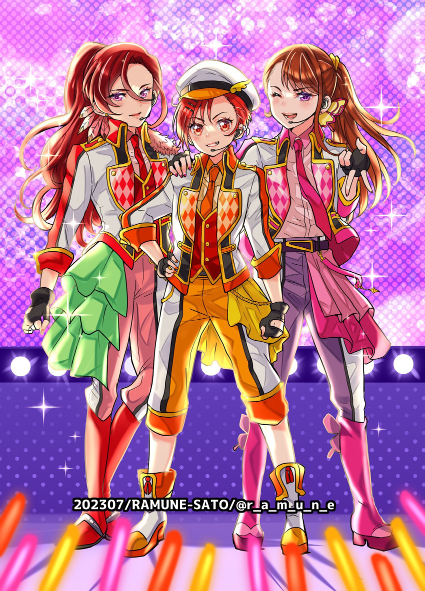 collaboration cure_butterfly cure_flamingo cure_sunny highres hijiri_ageha hirogaru_sky!_precure idol precure precure_all_stars ramune02 smile_precure! stage trio tropical-rouge!_precure