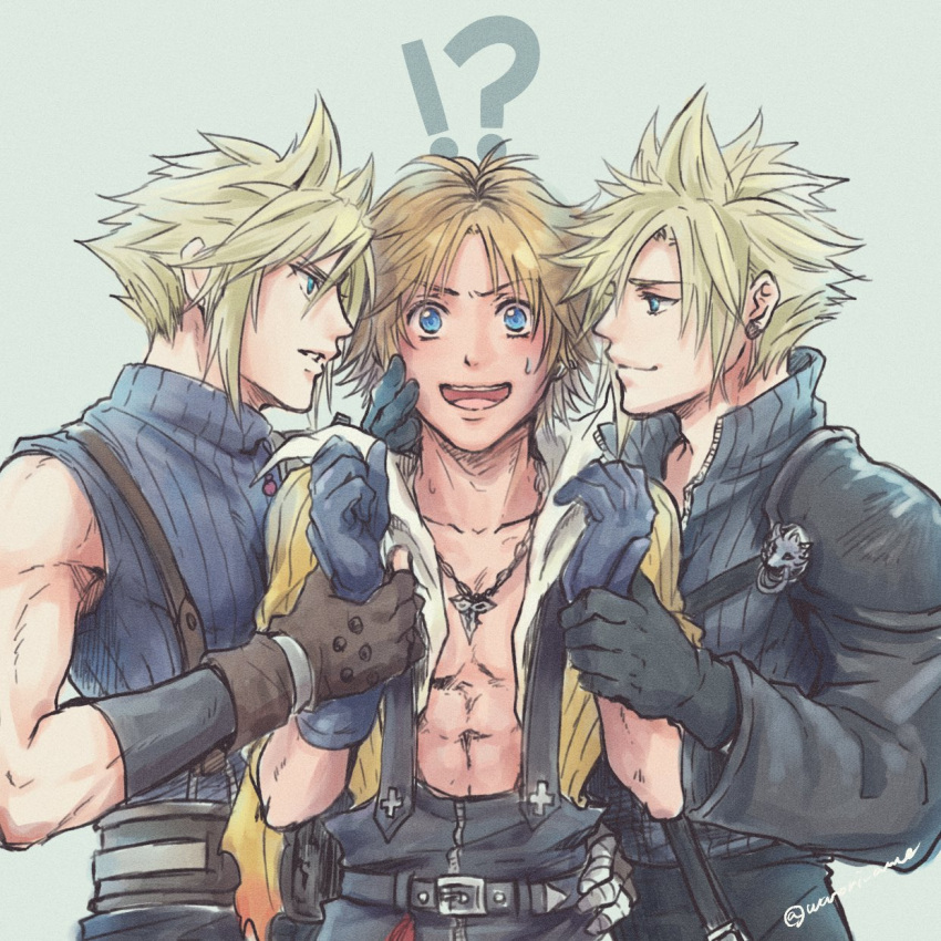 !? 3boys armor black_gloves black_overalls blonde_hair blue_eyes blush chain_necklace chest_strap closed_mouth cloud_strife commentary_request earrings final_fantasy final_fantasy_vii final_fantasy_vii_advent_children final_fantasy_x gloves hand_on_another's_cheek hand_on_another's_face hand_on_another's_waist hand_on_another's_wrist high_collar highres implied_yaoi jacket jewelry male_focus multiple_boys naughty_face necklace open_clothes open_collar open_jacket open_mouth overalls parted_lips possessive shirt short_hair shoulder_armor single_earring single_shoulder_pad sleeveless sleeveless_turtleneck smile spiked_hair sweatdrop tidus turtleneck twitter_username warori_anne