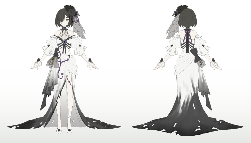 1girl absurdres alternate_costume asymmetrical_bangs bare_legs bare_shoulders black_flower black_hair black_rose black_veil bob_cut breasts cleavage detached_sleeves dkdi93045 dress flower full_body gradient_dress grey_dress hair_flower hair_ornament hair_over_one_eye high_heels highres long_dress medium_breasts multiple_views necrologist one_eye_covered pale_skin puffy_short_sleeves puffy_sleeves reference_sheet reverse:1999 rose see-through see-through_cleavage short_hair short_sleeves side_slit sleeveless sleeveless_dress standing stitched_face stitched_leg stitches thorns torn_clothes torn_dress turnaround veil white_dress white_footwear wrist_cuffs yellow_eyes