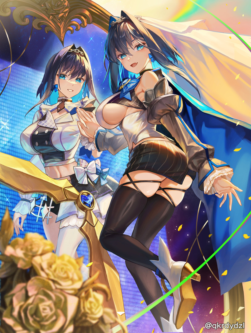 2girls absurdres artist_name black_skirt black_thighhighs blue_eyes blue_hair boots bow bow_earrings breasts chain_headband detached_sleeves dual_persona earrings fang flower grin high_heel_boots high_heels highres hololive hololive_english hololive_idol_uniform_(bright) jewelry juliet_sleeves large_breasts long_sleeves md5_mismatch multiple_girls multiple_persona open_mouth ouro_kronii petals puffy_sleeves resolution_mismatch rose santafe99 shirt sideboob single_thighhigh skin_fang skirt smile source_smaller standing standing_on_one_leg thighhighs veil virtual_youtuber white_footwear white_shirt white_skirt yellow_flower yellow_rose
