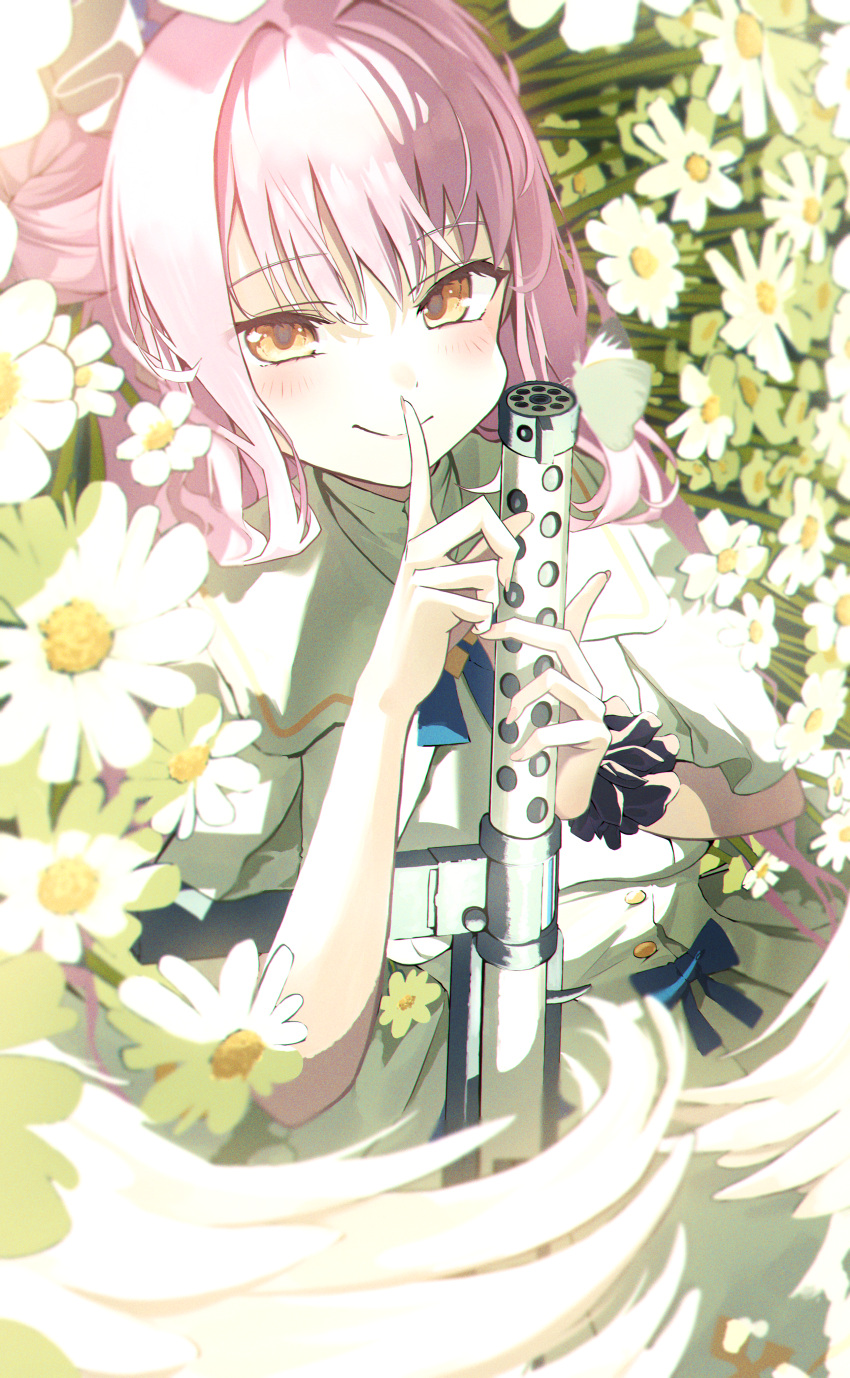 1girl absurdres arisugawa_bii blue_archive closed_mouth commentary dress finger_to_mouth flower gun highres holding holding_gun holding_weapon index_finger_raised long_hair looking_at_viewer mika_(blue_archive) orange_eyes pink_hair shushing smile solo weapon white_dress