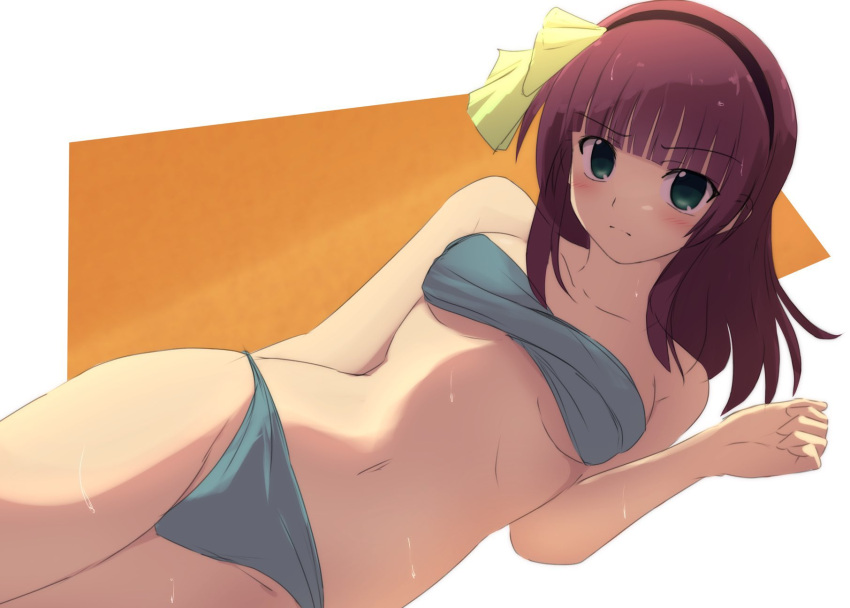 1girl alternate_costume angel_beats! arm_at_side backlighting bare_arms bikini black_hairband blue_bikini blunt_bangs blush bow breasts closed_mouth collarbone commentary cowboy_shot curvy dutch_angle frown green_bow green_eyes groin hair_bow hairband hand_up highres lelie_(lelie_link) lying medium_breasts medium_hair nakamura_yuri navel on_side orange_background purple_hair simple_background solo split_mouth stomach straight_hair sweat swimsuit tsurime two-tone_background underboob white_background