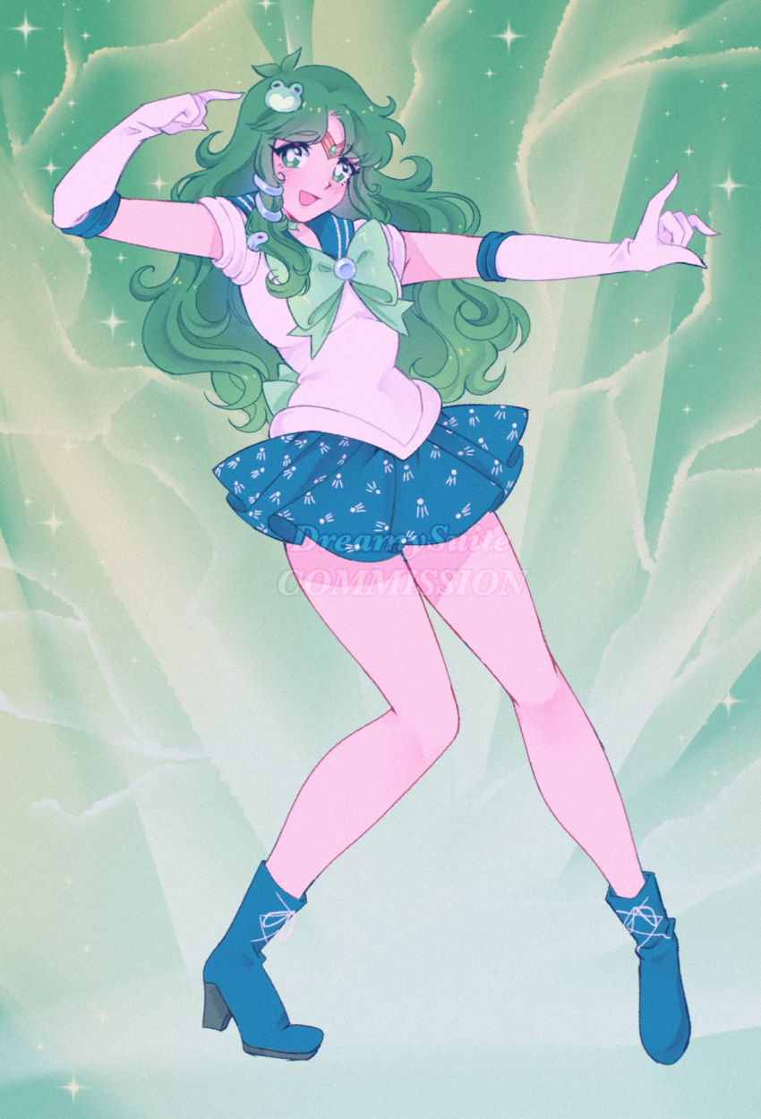 1990s_(style) 1girl bare_legs bishoujo_senshi_sailor_moon blue_bow blue_bowtie blue_footwear blue_sailor_collar blue_skirt boots bow bowtie circlet cosplay dreamysuite elbow_gloves frog_hair_ornament full_body gloves green_eyes green_hair hair_ornament high_heel_boots high_heels highres kochiya_sanae legs leotard long_hair looking_at_viewer magical_girl miniskirt open_mouth retro_artstyle sailor_collar sailor_jupiter sailor_jupiter_(cosplay) sailor_jupiter_pose sailor_senshi_uniform skirt snake_hair_ornament standing touhou very_long_hair white_gloves white_leotard