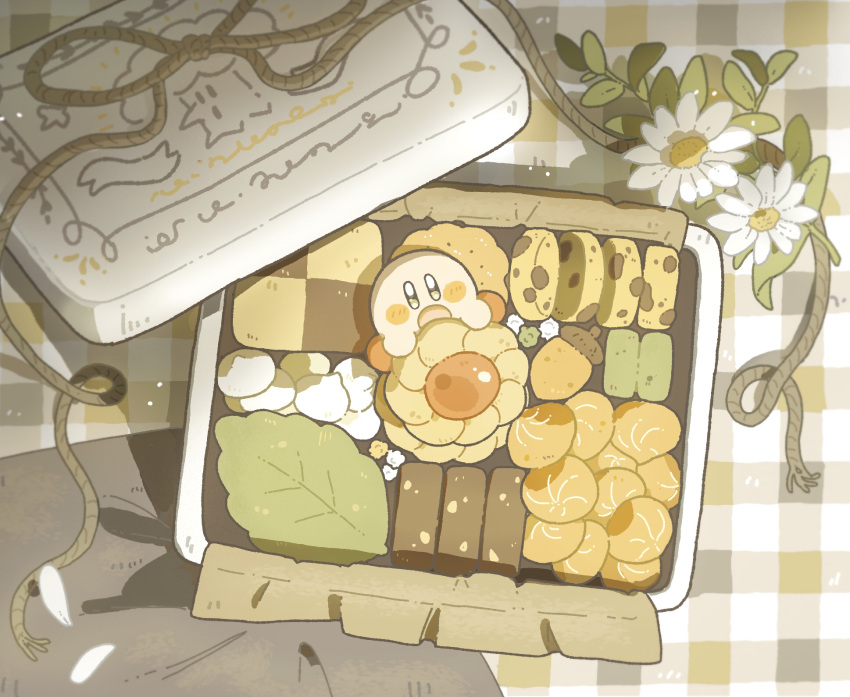 acorn blush_stickers bow box checkerboard_cookie chocolate_chip_cookie cookie creature daisy flower food food_focus harukui highres in_box in_container kirby kirby_(series) leaf looking_at_viewer open_mouth petals solo string white_flower wide_shot
