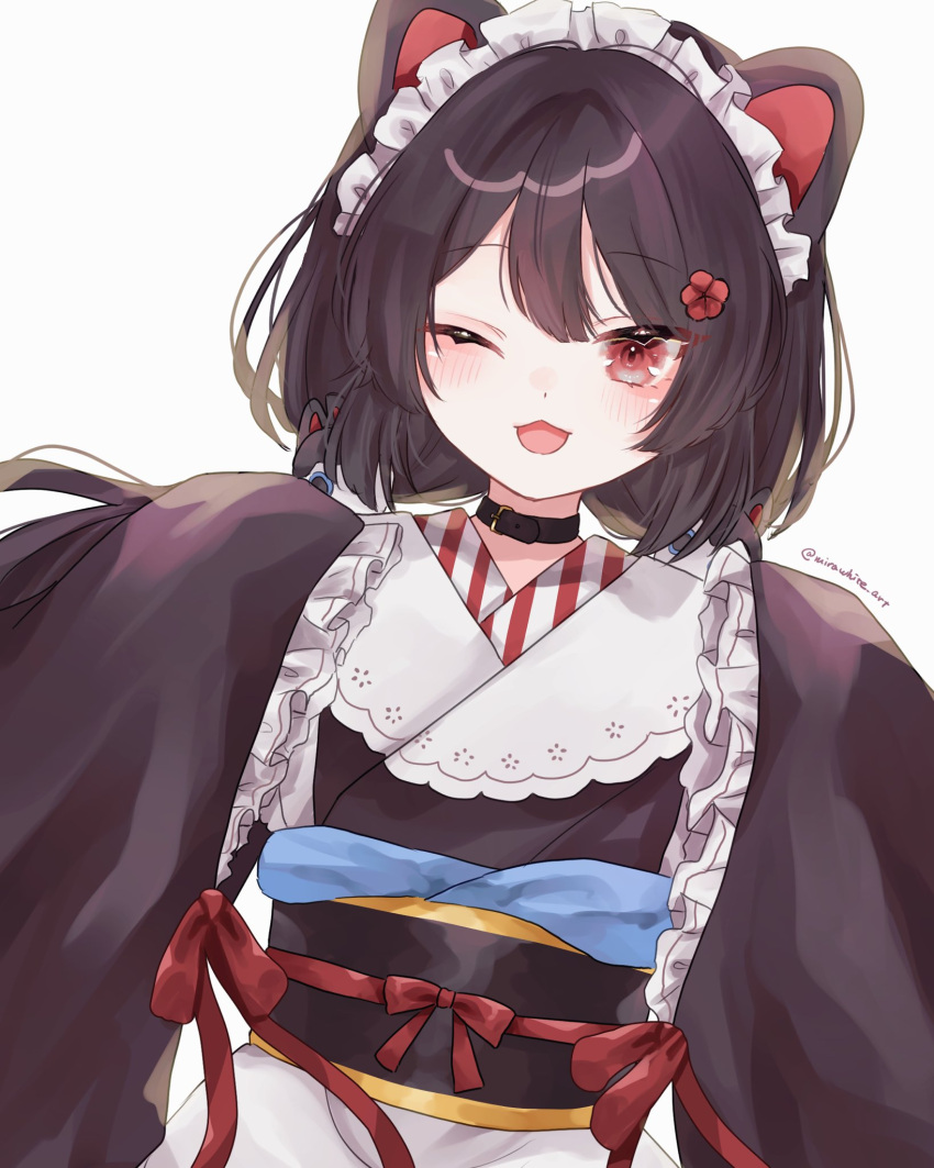 1girl :3 animal_ears black_hair blush collar dog_ears dog_girl flower frilled_sleeves frills hair_flower hair_ornament highres inui_toko japanese_clothes kimono long_sleeves looking_at_viewer maid_headdress mirawhite nijisanji obi one_eye_closed open_mouth red_eyes sash sleeves_past_fingers sleeves_past_wrists smile solo virtual_youtuber wide_sleeves