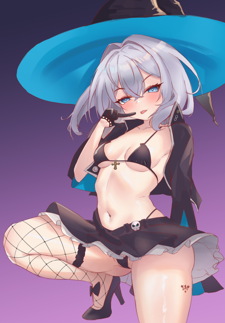 1girl absurdres ass_visible_through_thighs azur_lane bikini bikini_top_only black_bikini black_bow black_bowtie black_footwear black_gloves black_hat black_jacket black_panties black_skirt blue_eyes blue_hat bow bowtie breasts cropped_jacket cross crossed_bangs dlinne fishnet_thighhighs fishnets frilled_skirt frills gloves hat heart heart-shaped_pupils high_heels highleg highleg_panties highres jacket jade_(a_good_girl's_magic)_(azur_lane) jade_(azur_lane) knee_up leg_tattoo looking_at_viewer medium_breasts miniskirt navel official_alternate_costume panties parted_lips short_hair single_thighhigh skirt solo stomach swimsuit symbol-shaped_pupils tattoo thighhighs tongue tongue_out two-tone_hat underwear white_hair witch_hat