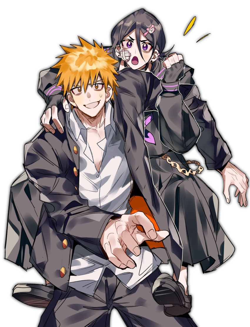 1boy 1girl absurdres bandage_on_face bandages black_footwear black_hair bleach brown_eyes carrying chain chappy collarbone earrings fingerless_gloves gloves hair_between_eyes hair_ornament hairclip highres jacket jewelry kuchiki_rukia kurosaki_ichigo long_skirt long_sleeves open_clothes open_jacket open_mouth orange_hair piggyback purple_eyes school_uniform shirt skirt spiked_hair sweatdrop two-sided_fabric untucked_shirt white_background white_shirt xi_luo_an_ya