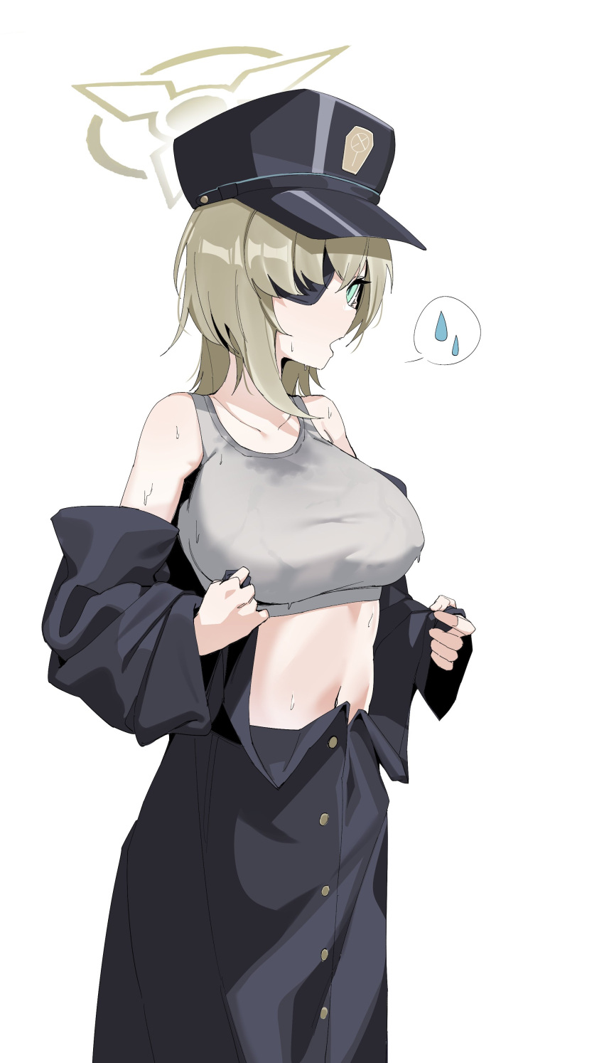 absurdres blue_archive coat green_eyes green_hair green_halo halo highres navel plentyofempty short_hair simple_background suou_(blue_archive) sweat sweatdrop tank_top undressing upper_body wet wet_clothes white_background