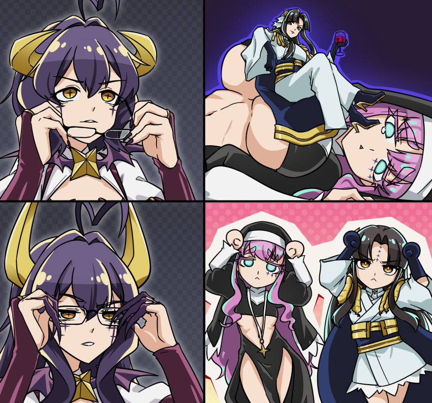 3girls ahoge black_dress blue_cape blue_eyes breasts brown_eyes cape caramelldansen dress facial_mark glasses habit heart heart_ahoge highres hiiragi_utena horns large_breasts lord_enorme magia_baiser mahou_shoujo_ni_akogarete meme multiple_girls nun peter_parker's_glasses_(meme) purple_hair robe shriohalfarm sister_gigant star_(symbol) star_facial_mark underboob white_robe yellow_eyes yellow_horns