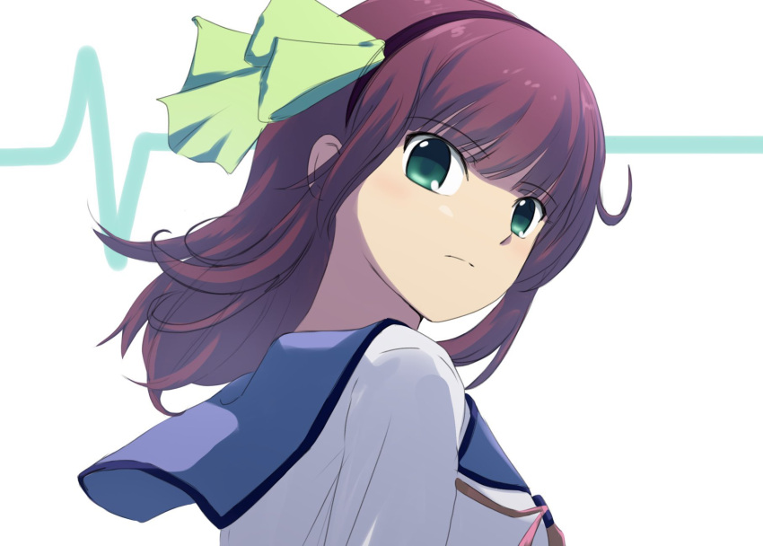 1girl angel_beats! black_hairband blue_sailor_collar blunt_bangs bow close-up closed_mouth commentary floating_hair from_side green_bow green_eyes hair_bow hairband highres lelie_(lelie_link) looking_at_viewer medium_hair nakamura_yuri nose purple_hair sailor_collar serious shinda_sekai_sensen_uniform shirt simple_background solo straight_hair white_background white_shirt