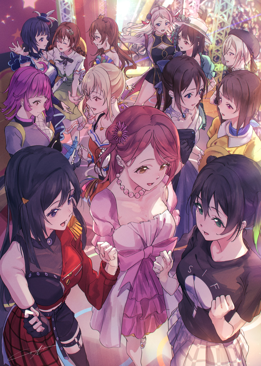 6+girls ^_^ absurdres ahoge asaka_karin asymmetrical_dress asymmetrical_jacket awakening_promise_(love_live!) bead_necklace beads beret black_dress black_hair black_hat black_headphones black_jacket black_ribbon black_shirt black_shorts black_thighhighs blonde_hair blue_bow blue_collar blue_eyes blue_hair blue_hat blunt_bangs blunt_ends boater_hat bob_cut bow breasts brown_hair butterfly_(love_live!) chromatic_aberration cleavage cleavage_cutout clenched_hand closed_eyes closed_mouth clothes_writing clothing_cutout collar collarbone collared_dress crop_top crop_top_overhang cropped_jacket crown daisy dark_blue_hair dive!_(love_live!) double-parted_bangs double_bun dress drill_hair emma_verde emotion_(love_live!) epaulettes eutopia_(love_live!) everyone flower frilled_dress frills from_above gradient_hair green_dress green_hair grey_hair grey_jacket hair_between_eyes hair_bow hair_bun hair_flower hair_ornament half-skirt half_updo hat hat_on_back heart heart_necklace highres holding holding_clothes holding_hat holding_mask inverted_bob jacket jewelry konoe_kanata kuziaaizuk la_bella_patria_(love_live!) large_breasts leaning_forward long_hair long_sleeves looking_at_another love_live! love_live!_nijigasaki_high_school_idol_club mask medium_breasts mia_taylor mifune_shioriko mini_crown mini_hat mini_top_hat miyashita_ai multicolored_hair multiple_girls nakasu_kasumi neck_ribbon necklace off-shoulder_dress off-shoulder_shirt off_shoulder one_side_up open_mouth orange_eyes orange_shirt osaka_shizuku pink_dress pink_eyes pink_flower pink_hair pink_jacket ponytail poppin'_up_(love_live!) puffy_short_sleeves puffy_sleeves purple_eyes red_eyes red_jacket red_skirt ribbon rina-chan_board saiko_heart_(love_live!) shirt short_hair short_sleeves shorts side_ponytail side_up_bun sidelocks sideways_mouth sif_staff_shirt signature single_epaulette skirt smile solitude_rain_(love_live!) stage stars_we_chase_(love_live!) takasaki_yu tennoji_rina thighhighs top_hat tsunagaru_connect_(love_live!) twin_drills twintails two-tone_dress uehara_ayumu vivid_world_(love_live!) waist_bow wavy_hair white_dress white_flower white_hat white_shirt yellow_dress yellow_eyes yellow_hat yuki_setsuna_(love_live!) zhong_lanzhu