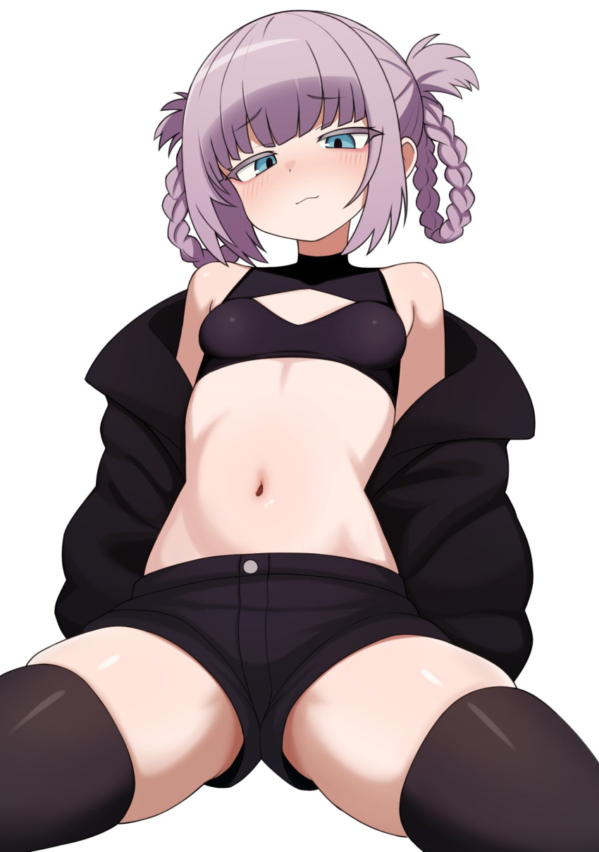 1girl black_shirt black_shorts black_thighhighs braided_hair_rings breasts cleavage_cutout clothing_cutout commentary cropped_shirt english_commentary hair_rings highres looking_at_viewer mikoscrub nanakusa_nazuna_(yofukashi_no_uta) navel shirt shorts simple_background skindentation sleeveless sleeveless_turtleneck small_breasts solo stomach thighhighs thighs turtleneck white_background yofukashi_no_uta