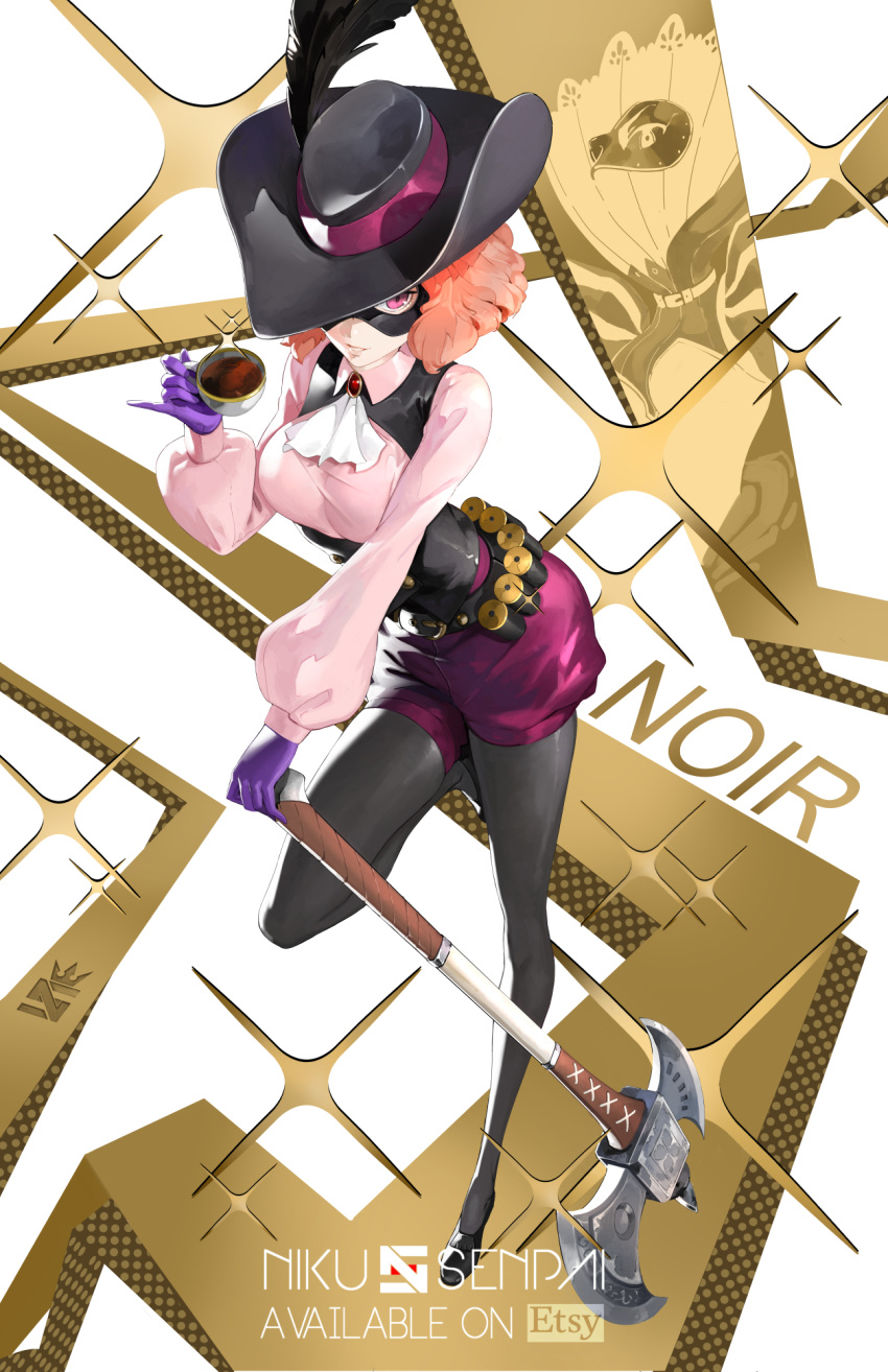 1girl artist_logo artist_name ascot axe bandolier black_feathers black_headwear black_mask black_pantyhose breasts brooch cup domino_mask english_commentary english_text eye_mask feathers from_above full_body gloves gold hand_up hat_feather hat_over_one_eye highres holding holding_cup jewelry leg_up legwear_under_shorts long_sleeves looking_at_viewer mask milady_(persona) nikusenpai okumura_haru orange_hair pantyhose parted_lips persona persona_5 pink_eyes pink_hair pink_shirt pinky_out planted planted_axe puffy_long_sleeves puffy_sleeves purple_gloves red_shorts satin shell_casing shirt short_hair short_shorts shorts solo sparkle standing standing_on_one_leg tea teacup watermark wavy_hair white_ascot