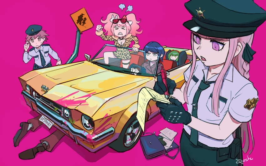 2boys 4girls aged_down alternate_costume black_gloves black_hair black_hat black_necktie black_skirt blood brown_footwear brown_hair brown_jacket brown_pants car child closed_eyes closed_mouth commentary_request danganronpa:_trigger_happy_havoc danganronpa_(series) danganronpa_3_(anime) enoshima_junko eyewear_on_head freckles gloves green_eyes green_hair hat ikusaba_mukuro jacket kirigiri_kyoko komaeda_nagito long_hair motor_vehicle multiple_boys multiple_girls naegi_makoto necktie pants pink_background pink_blood pink_hair police police_hat police_uniform policewoman purple_eyes purple_hair qosic shoes short_hair short_sleeves siblings signature simple_background sisters skirt sunglasses sweatdrop towa_monaca twins twintails uniform very_long_hair