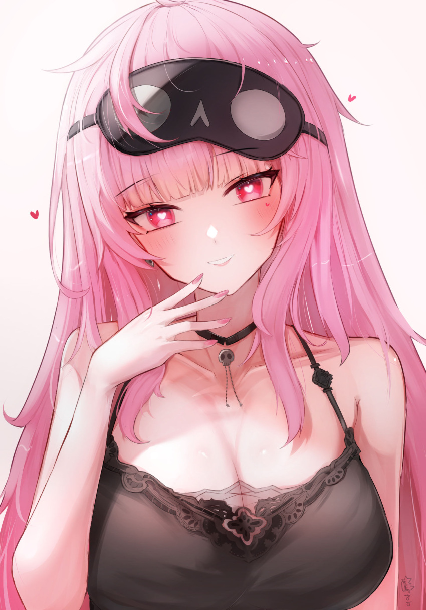 1girl blush breasts heart heart-shaped_eyes highres hololive hololive_english large_breasts long_hair looking_at_viewer mori_calliope mori_calliope_(sleepwear) pink_hair psypolo_d red_eyes smile solo virtual_youtuber