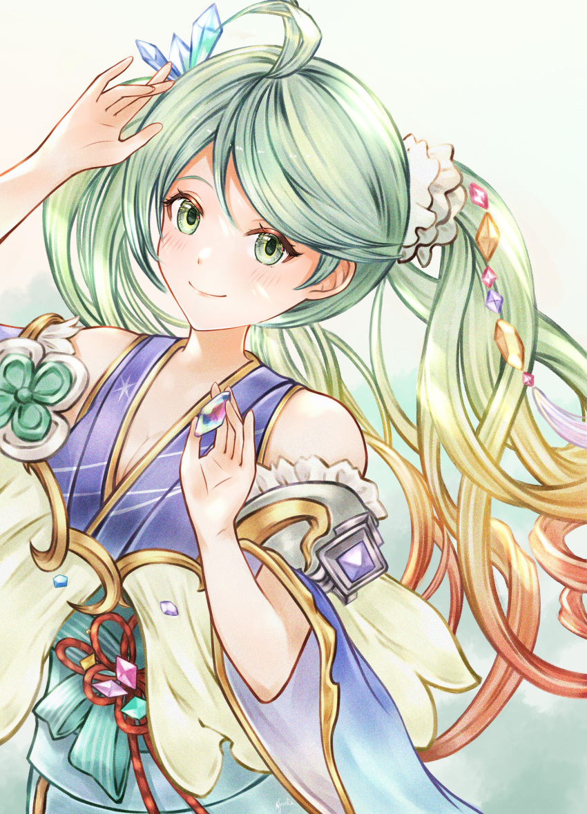 1girl absurdres afezeria crystal de_la_fille de_la_fille_(yukata) detached_sleeves drill_hair gem gem_hair_ornament granblue_fantasy green_hair highres japanese_clothes kimono multicolored_hair rainbow_hair sleeveless solo solo_focus yukata