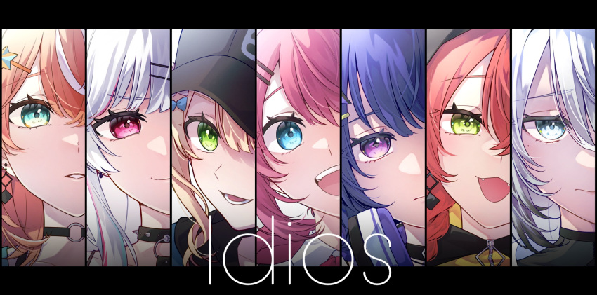 6+girls :3 baseball_cap black_choker black_hat blonde_hair blue_eyes blue_hair bow choker closed_mouth collared_shirt column_lineup commentary_request crossed_bangs earrings fangs green_eyes hair_between_eyes hair_bow hair_ornament hairclip hat headphones headphones_around_neck highres idios igarashi_rika igarashi_rika_(1st_costume) ishigami_nozomi jewelry kaburaki_roco kaburaki_roco_(1st_costume) kashikaze koshimizu_toru koshimizu_toru_(1st_costume) kuramochi_meruto kuramochi_meruto_(1st_costume) long_hair looking_at_viewer lower_teeth_only mole mole_under_eye multicolored_hair multiple_girls nijisanji o-ring o-ring_choker open_mouth orange_hair parted_lips pink_hair purple_eyes red_eyes red_hair shirt shishido_akari shishido_akari_(1st_costume) smile sophia_valentine sophia_valentine_(1st_costume) spiked_choker spikes streaked_hair teeth upper_body upper_teeth_only virtual_youtuber white_eyes white_hair white_shirt zipper zipper_pull_tab