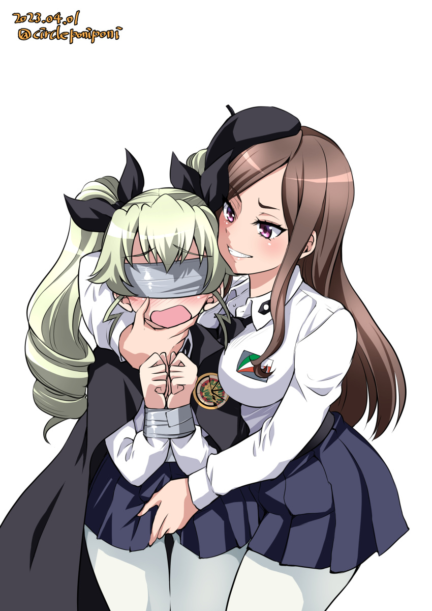 2girls absurdres alternate_costume anchovy_(girls_und_panzer) anzio_(emblem) anzio_school_uniform arm_around_neck beret black_cape black_hat black_necktie blindfold blue_skirt blush bound bound_wrists brown_hair cape cosplay crossover dated dorothy_(princess_principal) dress_shirt drill_hair duct_tape emblem flying_sweatdrops frown girls_und_panzer green_hair grin hair_ribbon hand_on_another's_crotch hand_on_another's_face hat highres inoue_yoshihisa leaning_forward long_hair long_sleeves looking_at_another miniskirt multiple_girls necktie open_mouth pantyhose pepperoni_(girls_und_panzer) pepperoni_(girls_und_panzer)_(cosplay) pleated_skirt princess_principal purple_eyes ribbon school_uniform shirt skirt smile standing swept_bangs taichi_you textless_version twin_drills twintails twitter_username voice_actor_connection white_background white_pantyhose white_shirt wing_collar