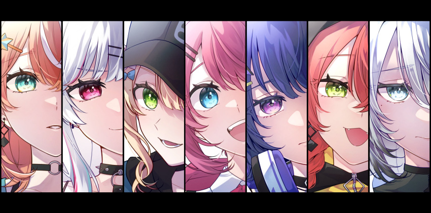 6+girls :3 baseball_cap black_choker black_hat blonde_hair blue_eyes blue_hair bow choker closed_mouth collared_shirt column_lineup commentary_request crossed_bangs earrings fangs green_eyes hair_between_eyes hair_bow hair_ornament hairclip hat headphones headphones_around_neck highres idios igarashi_rika igarashi_rika_(1st_costume) ishigami_nozomi jewelry kaburaki_roco kaburaki_roco_(1st_costume) kashikaze koshimizu_toru koshimizu_toru_(1st_costume) kuramochi_meruto kuramochi_meruto_(1st_costume) long_hair looking_at_viewer lower_teeth_only mole mole_under_eye multicolored_hair multiple_girls nijisanji o-ring o-ring_choker open_mouth orange_hair parted_lips pink_hair purple_eyes red_eyes red_hair shirt shishido_akari shishido_akari_(1st_costume) smile sophia_valentine sophia_valentine_(1st_costume) spiked_choker spikes streaked_hair teeth textless_version upper_body upper_teeth_only virtual_youtuber white_eyes white_hair white_shirt zipper zipper_pull_tab