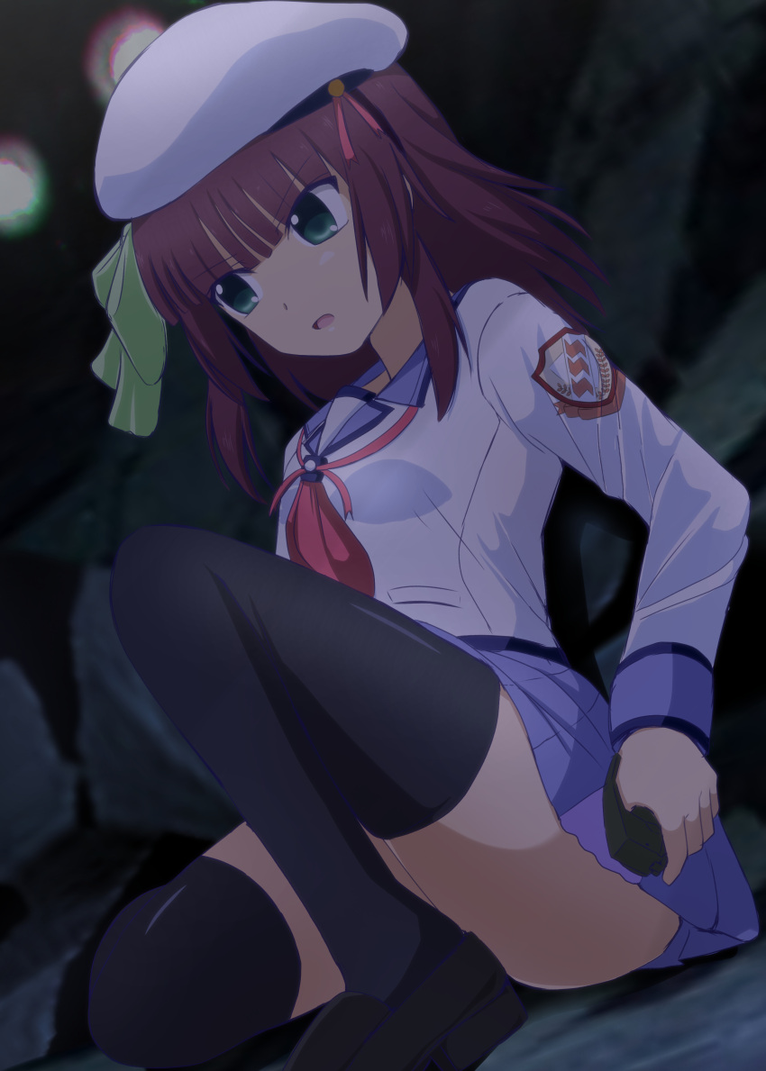 1girl absurdres against_rock angel_beats! beret black_thighhighs blue_skirt blunt_bangs blurry blurry_background bow commentary_request dark eyes_visible_through_hair feet_out_of_frame green_bow green_eyes hair_bow hat highres holding holding_weapon indoors knee_up lelie_(lelie_link) long_sleeves looking_afar medium_hair miniskirt nakamura_yuri neckerchief open_mouth pink_neckerchief pleated_skirt purple_hair serious shinda_sekai_sensen_uniform shirt sidelocks sitting skirt solo straight_hair thighhighs thighs v-shaped_eyebrows weapon white_hat white_shirt