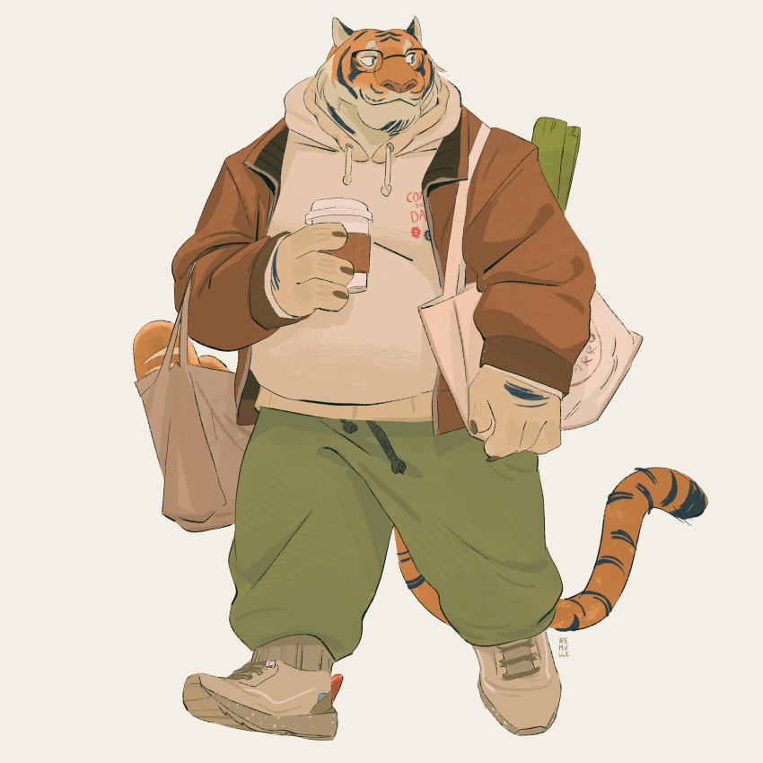 1boy absurdres animal_ears bag bread commission cup food full_body furry furry_male glasses highres holding holding_cup jacket looking_to_the_side male_focus open_clothes open_jacket orange_fur original robottoast shopping_bag simple_background smile solo striped_fur tail tiger_boy tiger_ears tiger_stripes tiger_tail walking yellow_background