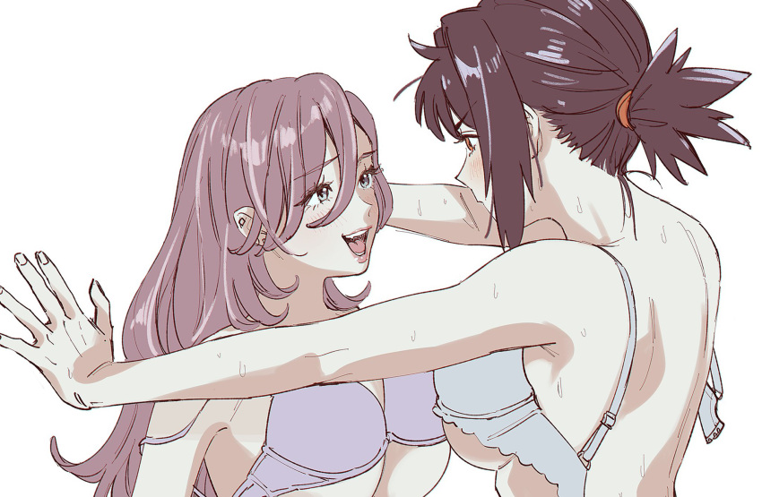 bra breasts brown_hair couple earrings face-to-face green_eyes highres jewelry kabedon lingerie long_hair looking_at_another mori_chizuru multiple_girls open_bra open_mouth original osg_pk police_and_lady ponytail purple_bra short_hair sidelocks sweat torikai_emma underwear underwear_only undone_bra undressing unfastened white_bra yuri
