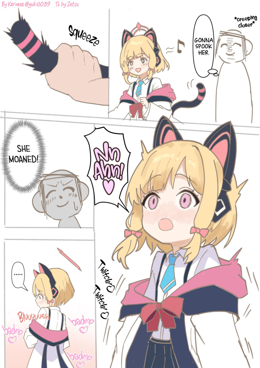 ... ^^^ animal_ear_headphones animal_ears black_skirt blonde_hair blue_archive blue_necktie blush bow bowtie cat_ear_headphones cat_tail check_translation doodle_sensei_(blue_archive) fake_animal_ears grabbing_another's_tail hair_bow halo hard-translated headphones heart highres hood hoodie karimea momoi_(blue_archive) multiple_hair_bows musical_note necktie open_mouth pink_eyes pink_halo pink_hoodie red_bow red_bowtie sensei_(blue_archive) shirt short_hair short_twintails skirt speech_bubble suspender_skirt suspenders tail third-party_edit thought_bubble translation_request twintails white_shirt