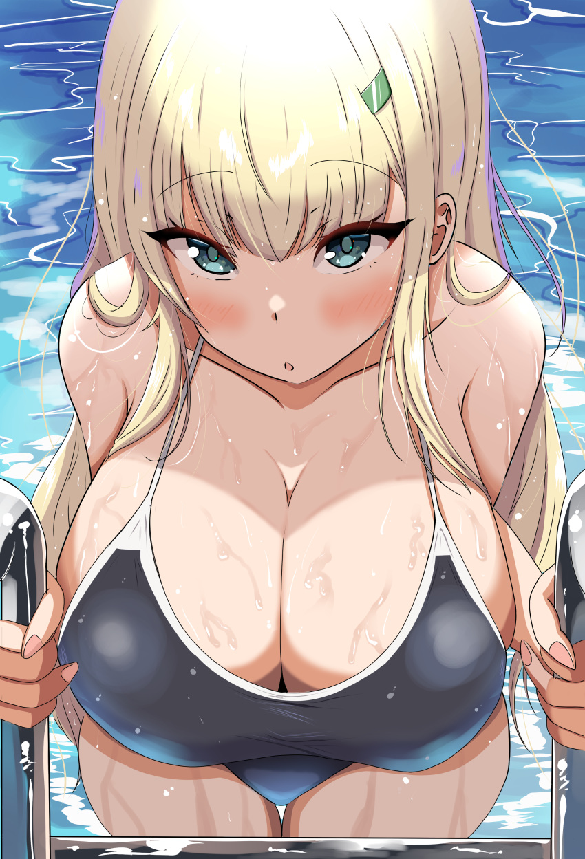 :o absurdres ah68j3 aqua_eyes blonde_hair blue_one-piece_swimsuit blush breasts cleavage competition_swimsuit curvy hair_ornament hairclip highres large_breasts long_hair looking_at_viewer looking_up one-piece_swimsuit plump pool_ladder poolside senran_kagura swimsuit water wet yomi_(senran_kagura)