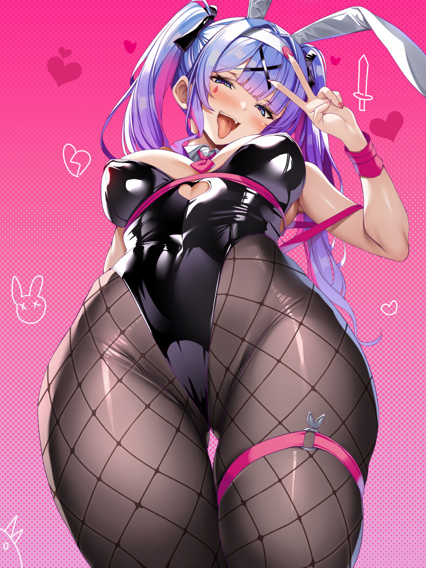 1girl absurdres animal_ears black_leotard black_pantyhose blue_eyes blue_hair blunt_bangs blush breasts commentary_request hair_ornament hatsune_miku highres leotard long_hair looking_at_viewer medium_breasts open_mouth pantyhose pink_background playboy_bunny rabbit_ears rabbit_hole_(vocaloid) solo standing tongue tongue_out torisan twintails vocaloid wide_hips wrist_cuffs x_hair_ornament