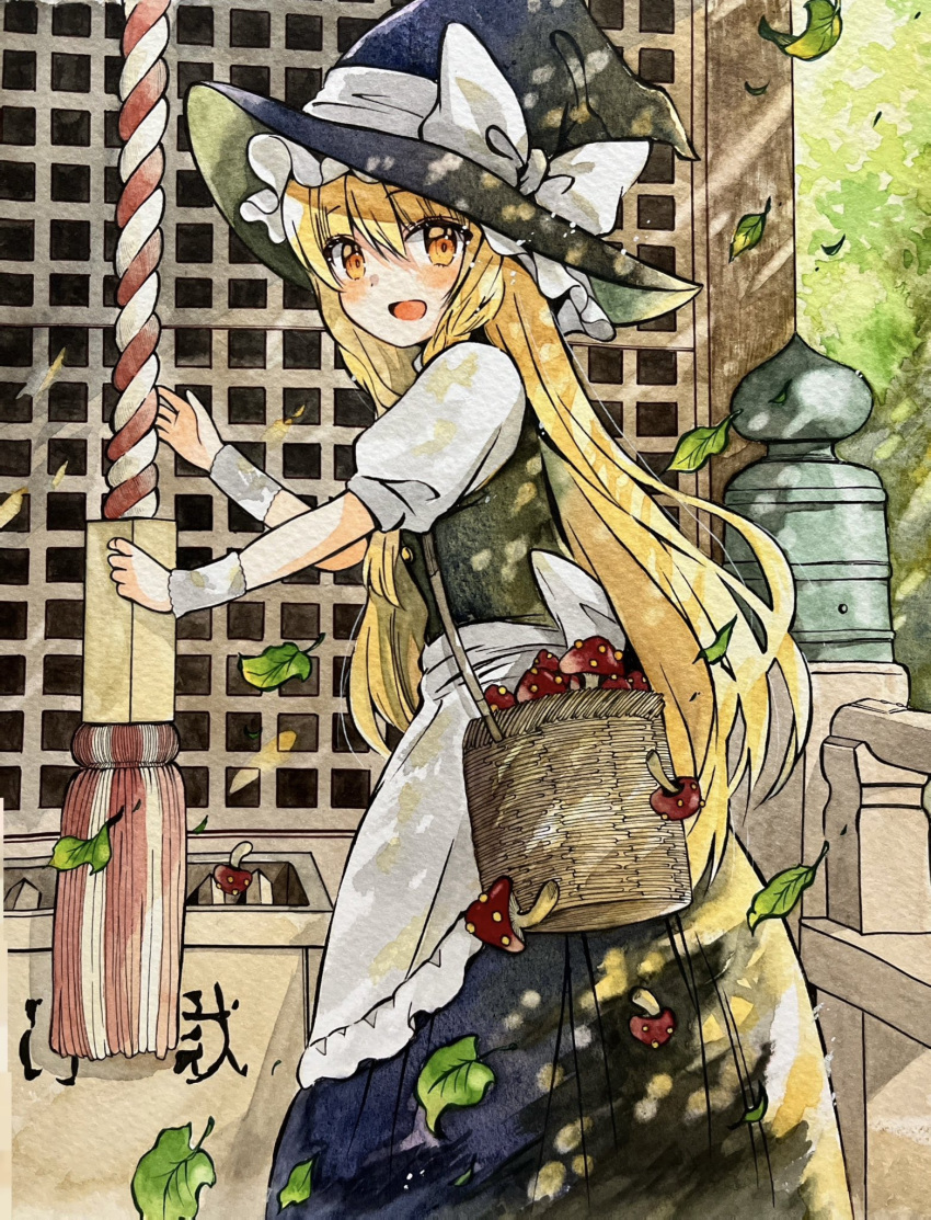 1girl apron back_bow blonde_hair blush bow box braid donation_box hat hat_bow highres kirisame_marisa leaf long_hair looking_at_viewer looking_to_the_side mushroom orange_eyes puffy_short_sleeves puffy_sleeves rope shimenawa short_sleeves shrine single_braid smile solo straight_hair touhou white_apron white_bow witch_hat yellow_eyes yuzugoori