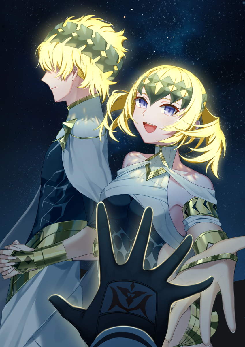 1boy 1girl armlet armor black_gloves black_shirt blonde_hair blue_eyes bracer breasts brother_and_sister castor_(fate) chakram closed_mouth collar command_spell constellation diadem fate/grand_order fate_(series) gloves halterneck highres holding_hands looking_at_viewer medium_hair metal_collar name_connection object_namesake offering_hand open_mouth pauldrons pollux_(fate) robe sakuraike shirt short_hair shoulder_armor siblings small_breasts smile twins weapon white_robe